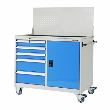 Tool chest with blue doors and white top on a white background