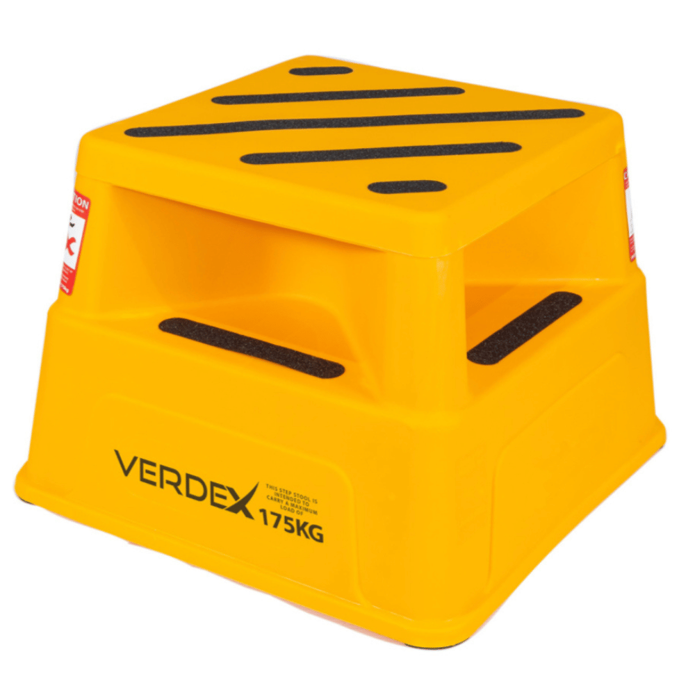 Yellow step stool with black non-slip stripes and 'Verdex' branding on a white background