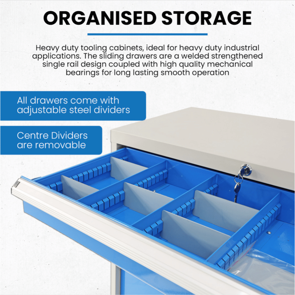 Heavy-duty tool cabinet with blue drawers and text about storage solutions.