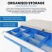 Heavy-duty tool cabinet with blue drawers and text about storage solutions.