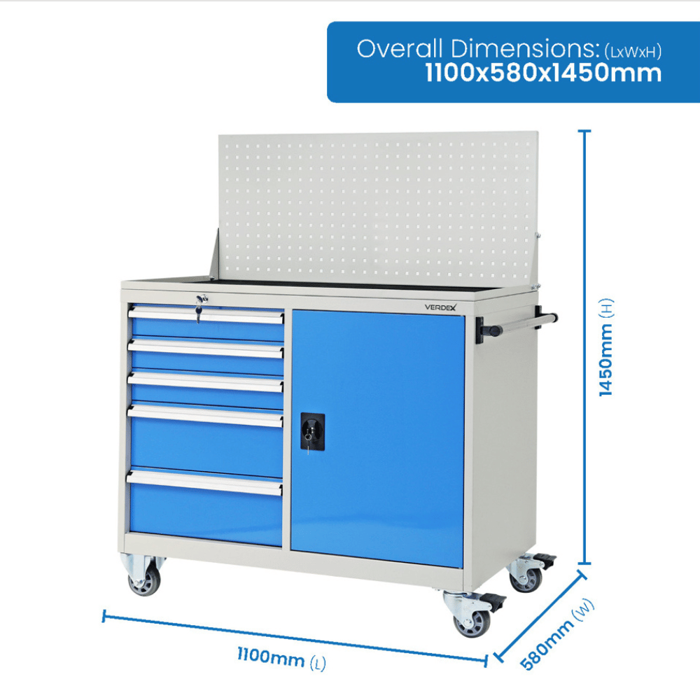 Blue tool cabinet with dimensions displayed on a white background