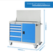 Blue tool cabinet with dimensions displayed on a white background