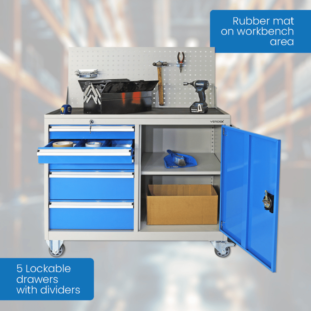 Blue tool cabinet with open door in a workshop setting