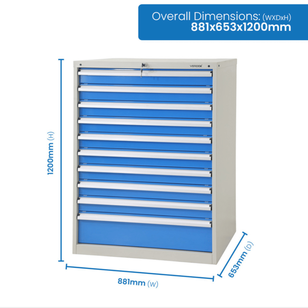 Blue and gray storage cabinet with dimensions labeled on a white background