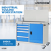 Verdex industrial tooling workstation with blue doors and drawers on a blurred background