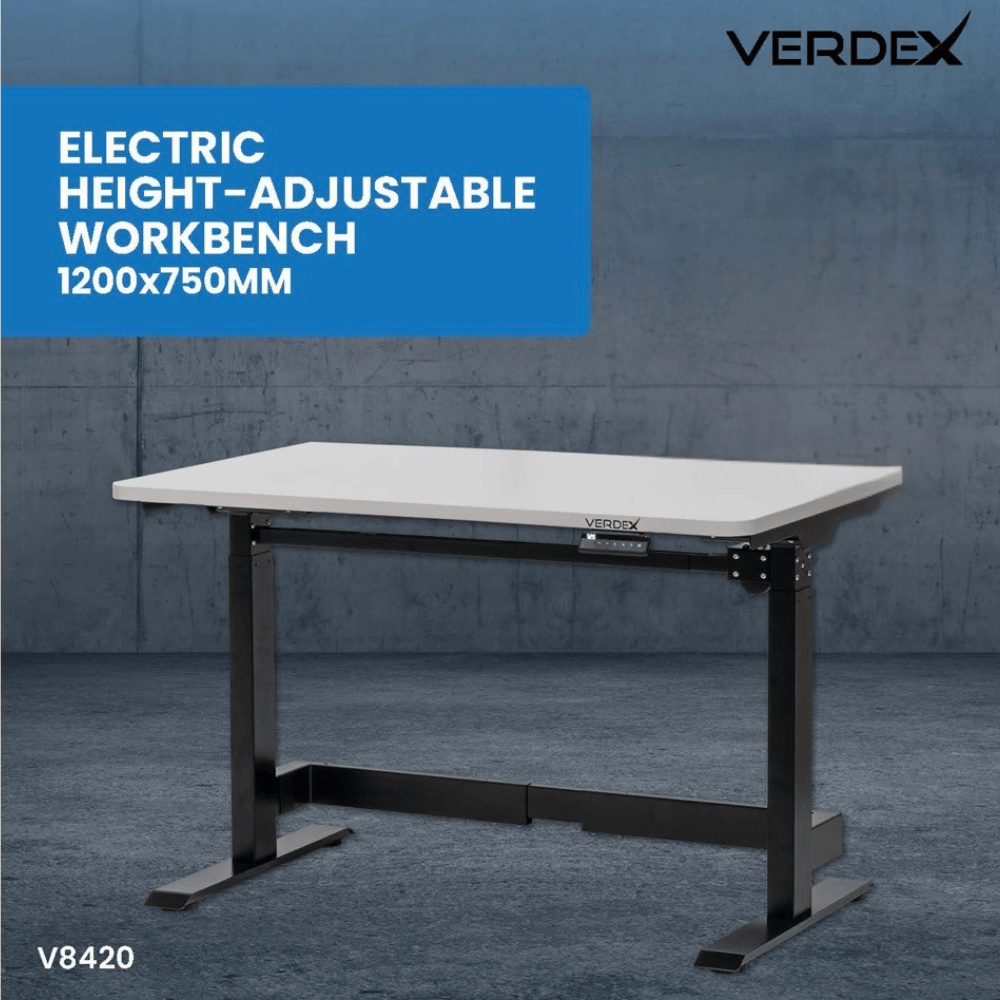 Electric height-adjustable workbench with Verdex branding on a gray background