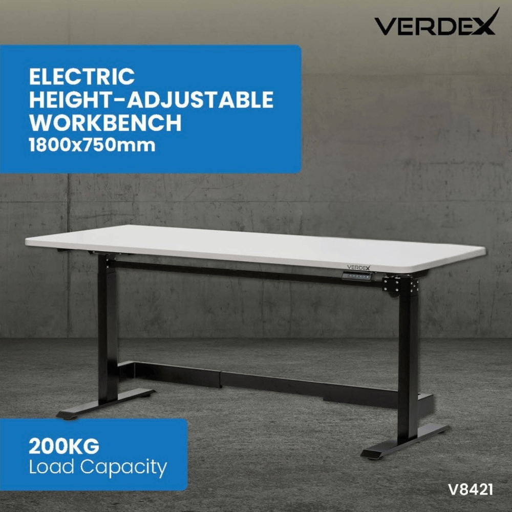 Electric height-adjustable workbench with Verdex branding on a gray background