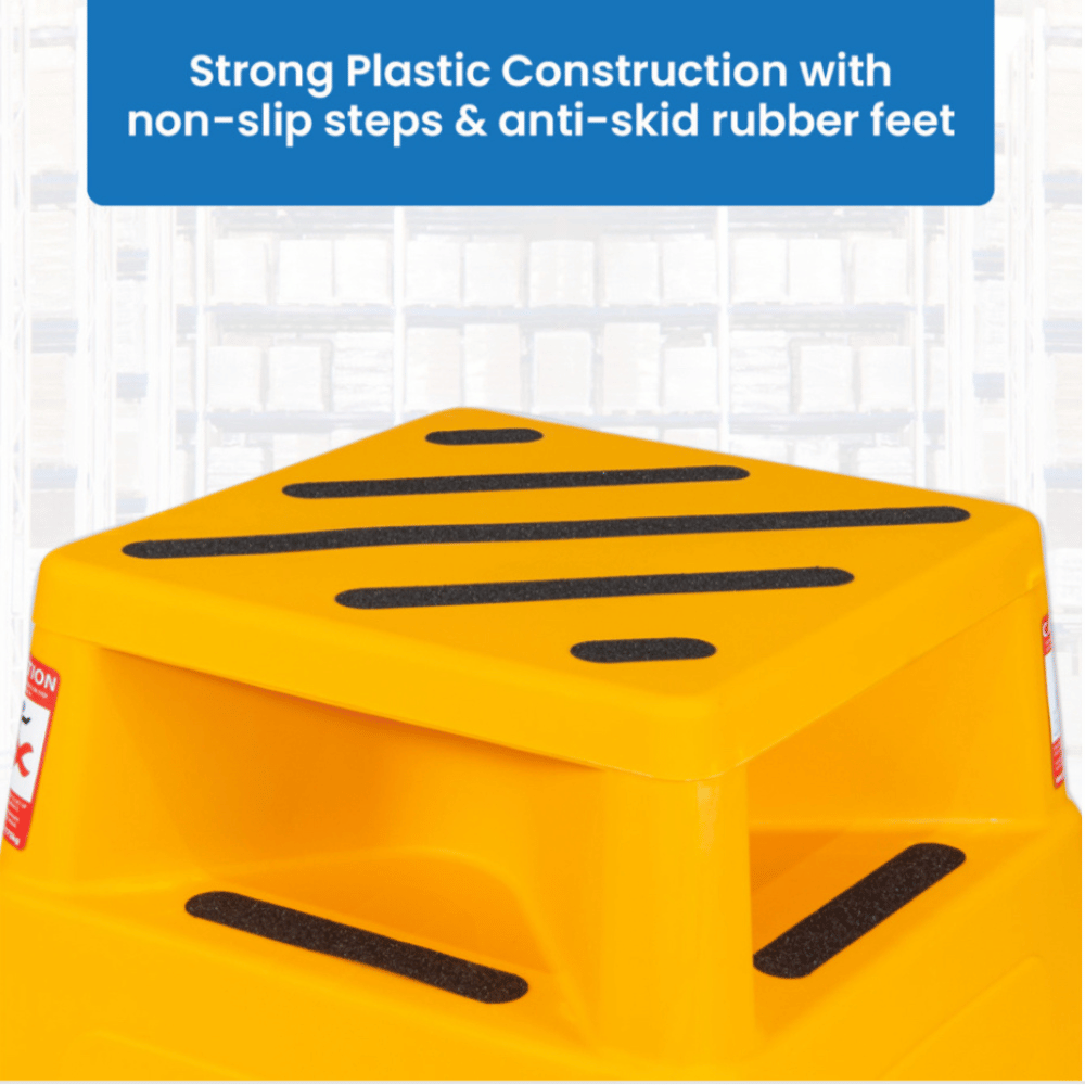 Yellow step stool with non-slip steps and anti-skid rubber feet on a white background