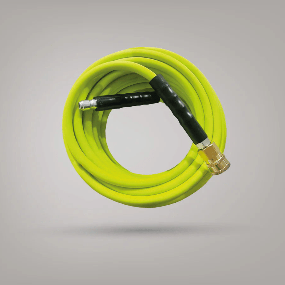 Coiled yellow garden hose with black and gold connectors on a gray background