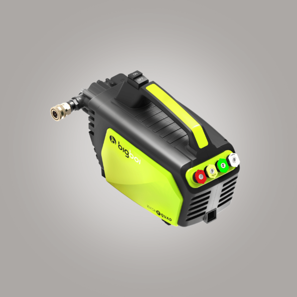 Green and black air compressor with visible brand logo on a gray background