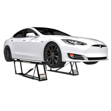 White Tesla car on a Quickjack 6000elx lift against a white background