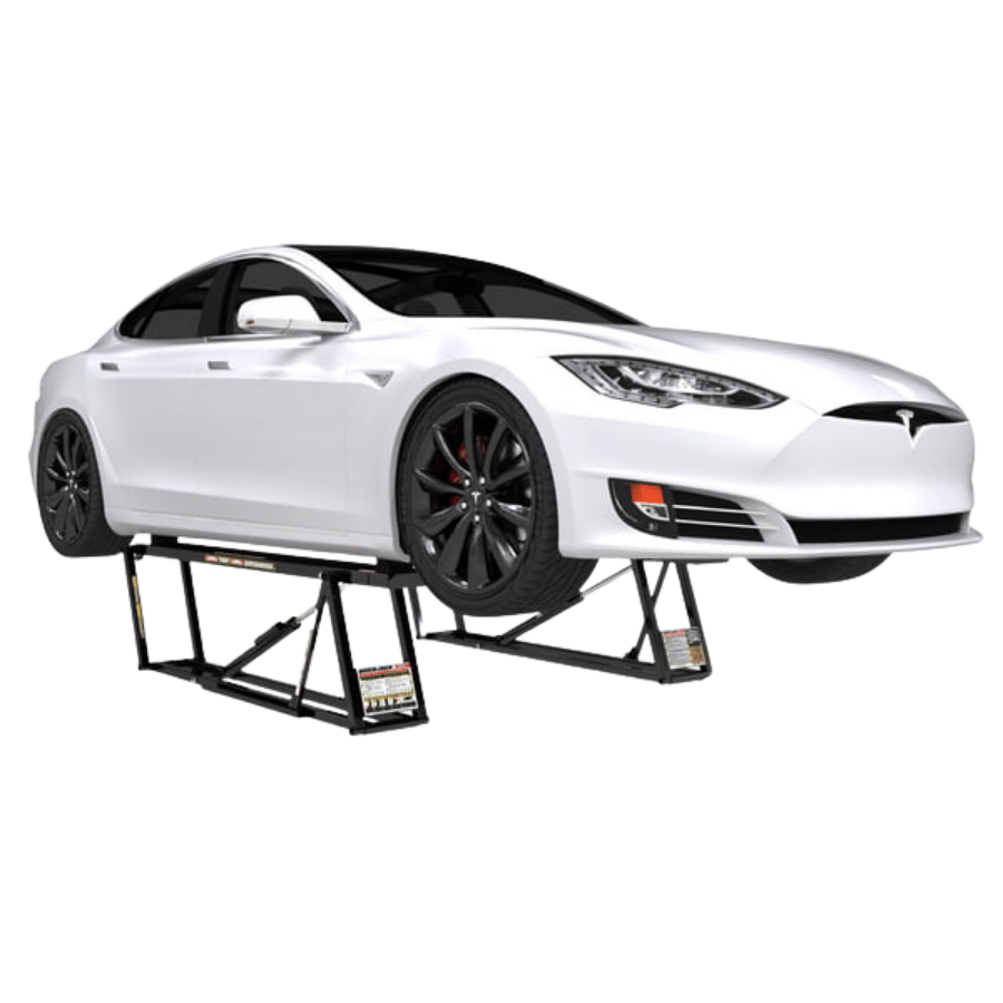 White Tesla car on a Quickjack 6000elx lift against a white background