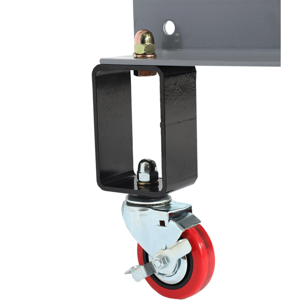 Caster wheel with red tire and metal bracket on a white background