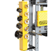 Yellow and gray mechanical device with multiple components on a white background