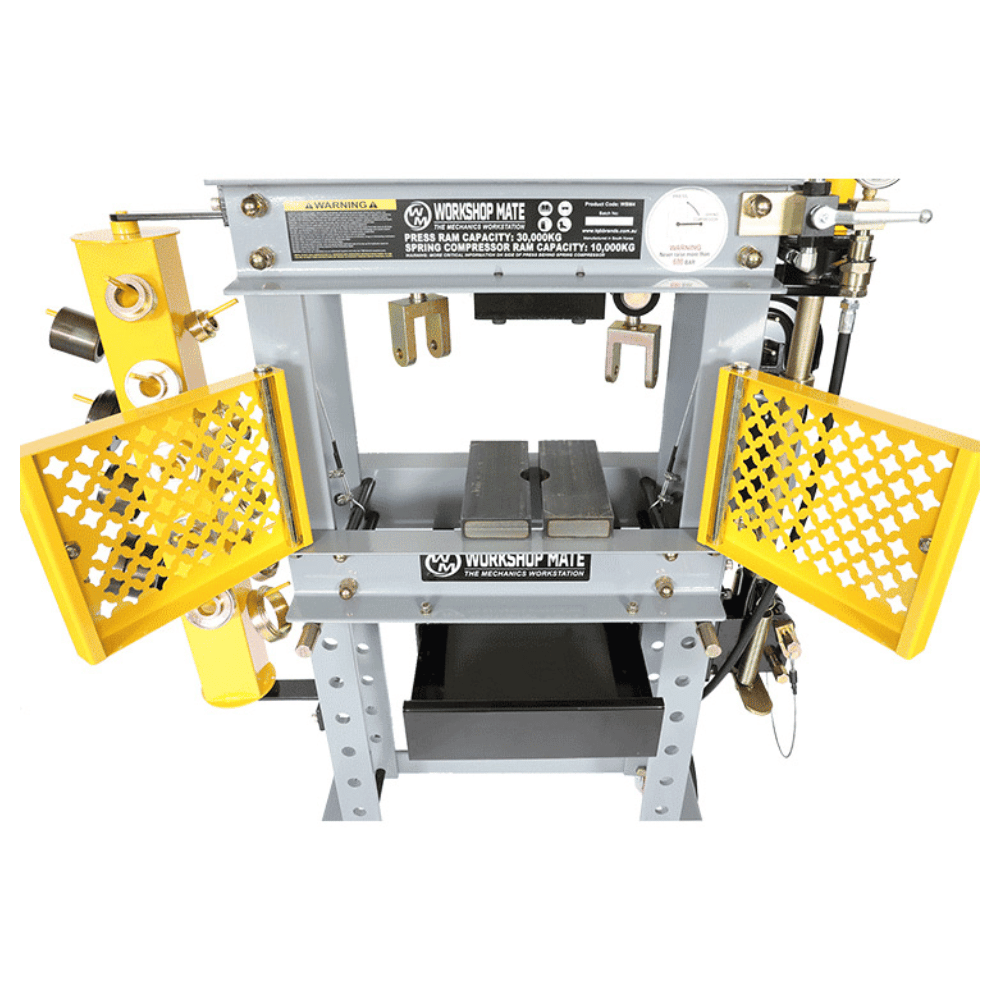 Workshop mate press with yellow safety guards on a white background