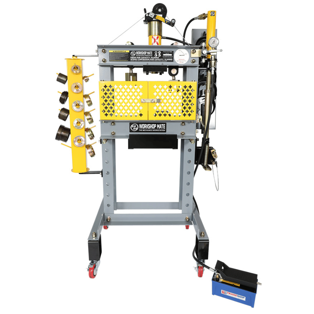 Workshop mate suspension machine with yellow and gray components on a white background