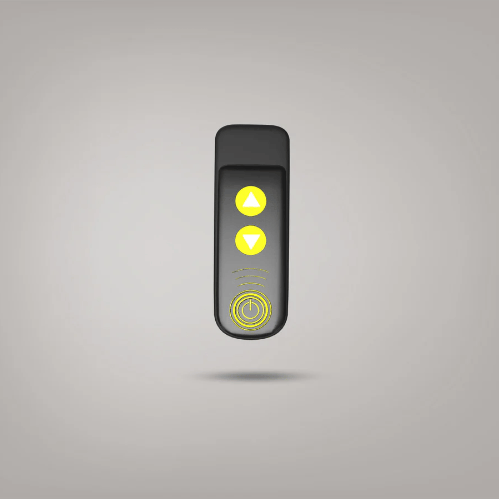 Bigboi BlowR remote control with yellow buttons on a gray background