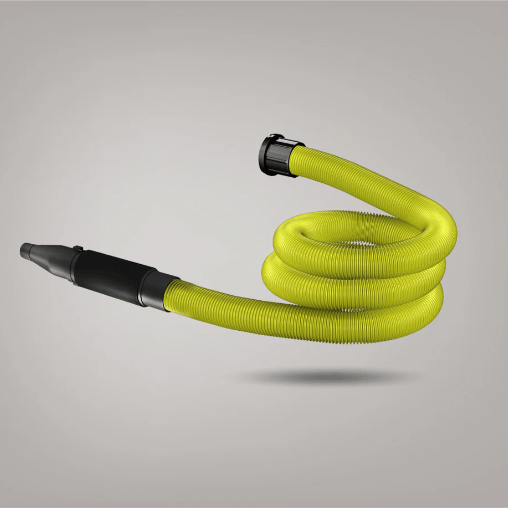 Yellow vacuum hose with black connectors on a gray background