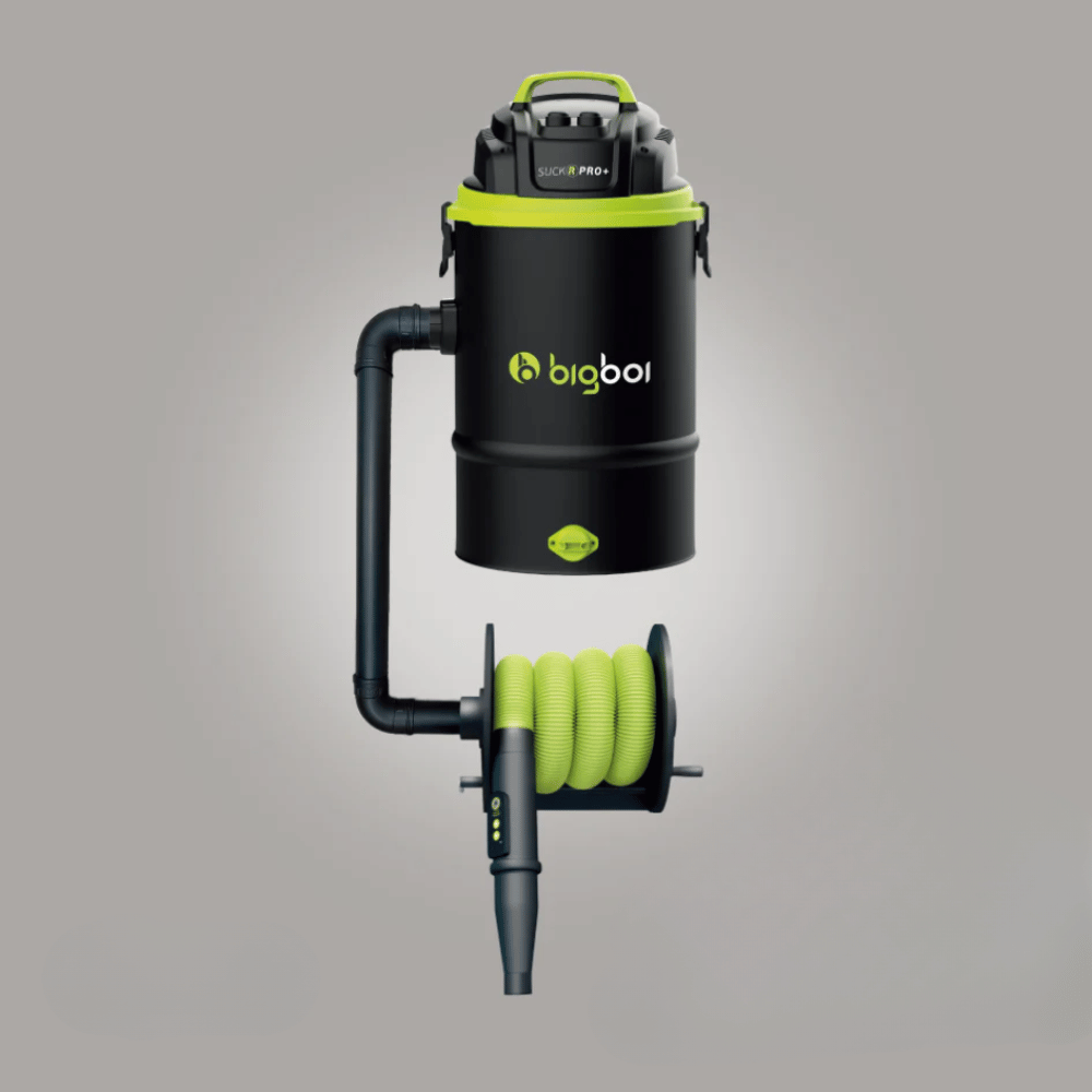 Black and green vacuum cleaner with 'bigboi' branding on a gray background