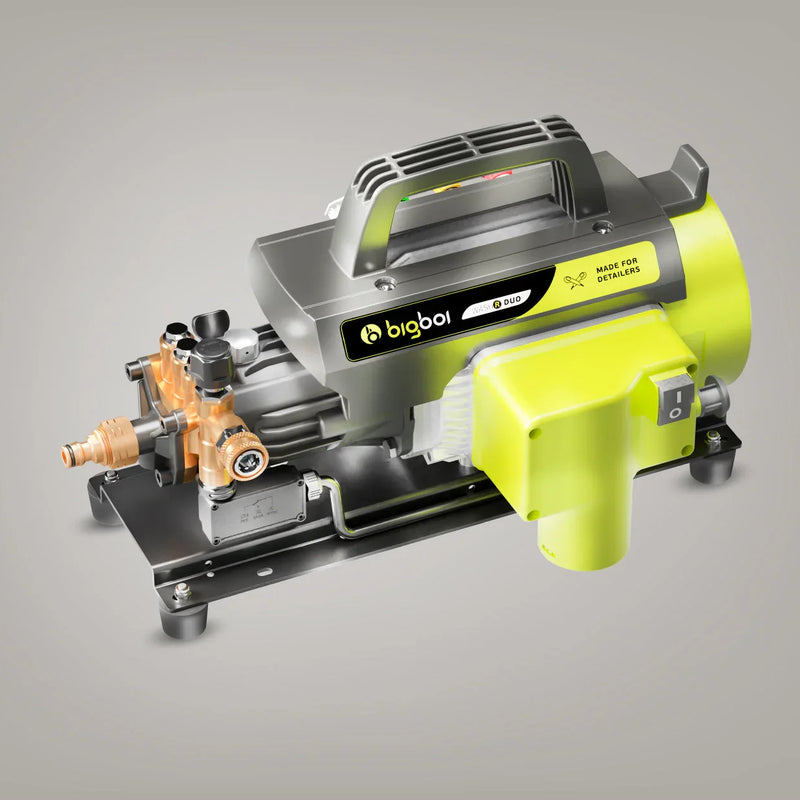 Bigboi WashR Duo pressure washer from the pump end, showing the brass pump head and water inlet