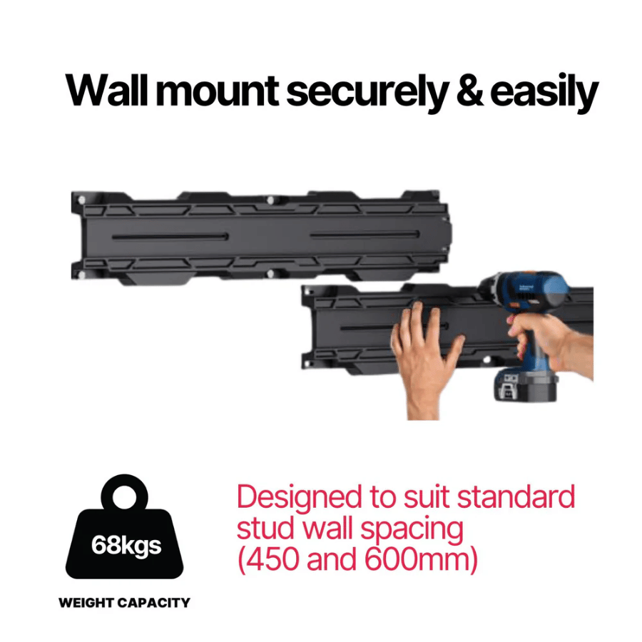 Blahst Wall mount system with drill and text indicating weight capacity and stud wall spacing compatibility.