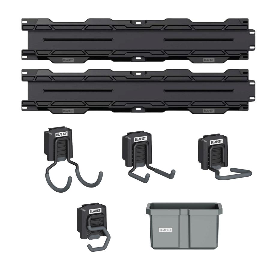 Set of black storage racks and hooks with a gray storage bin on a white background