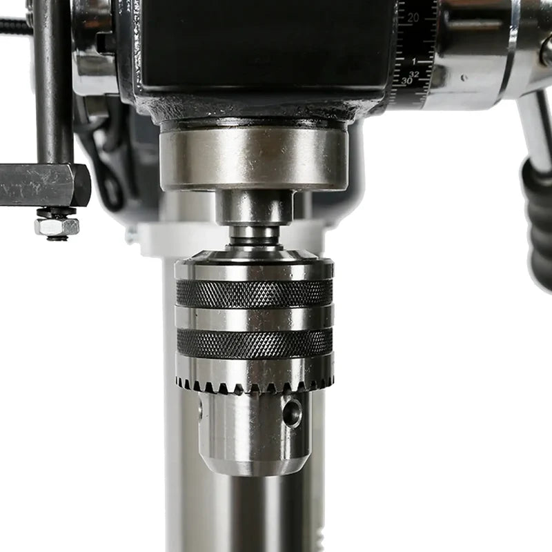 Close up of the 16 mm chuck on the Borum CH18FT pedestal drill