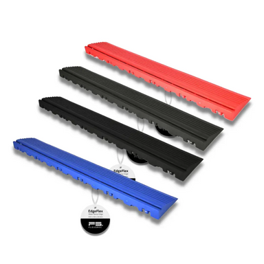 Four edge ramps in red, black, grey and blue on a white background with Edgeflex branding.