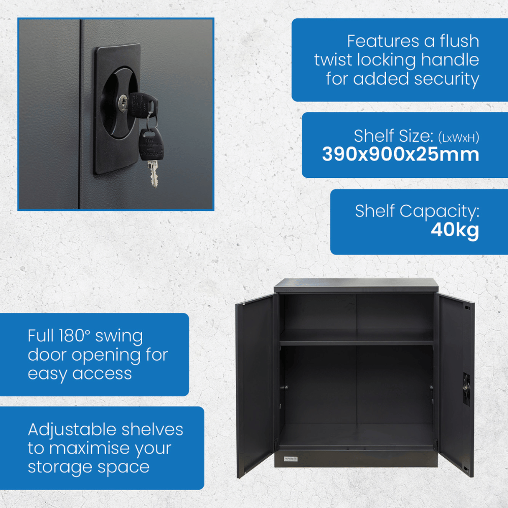 Black storage cabinet with features highlighted on a blue and gray background