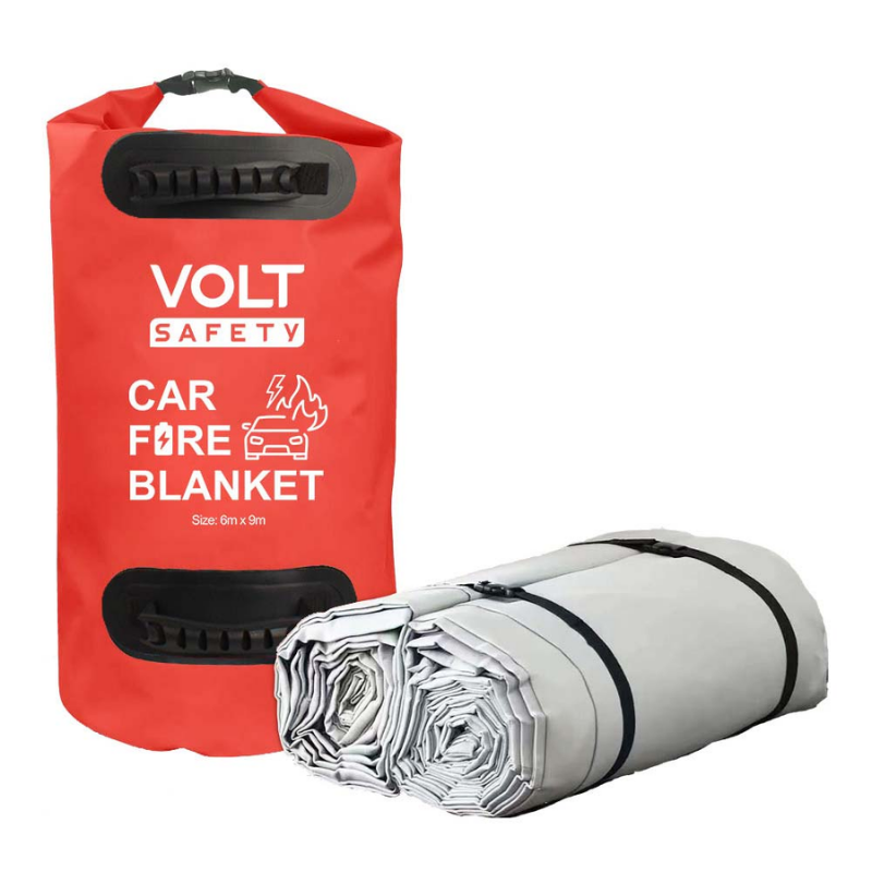 Red Volt Safety car fire blanket with storage bag on a white background