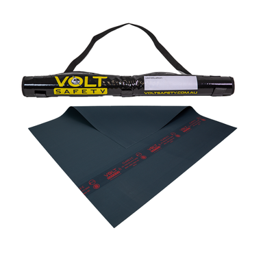 Insulated mat with red text and a black roll up bag with 'VOLT SAFETY' branding on a white background.