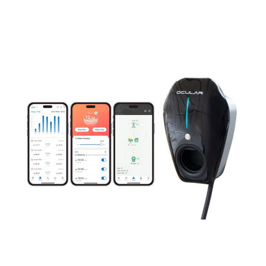 Ocular IQ Home Solar 22kW EV charger with 5m Type 2 cable shown with the Ocular app on three phone screens