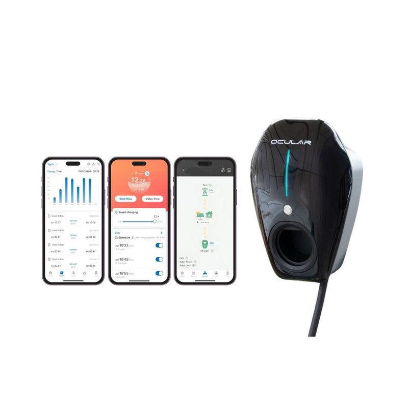 Ocular IQ Home Solar 22kW EV charger with 5m Type 2 cable shown with the Ocular app on three phone screens