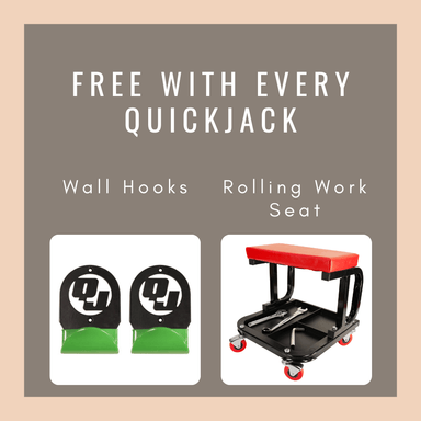 Promotional graphic for free wall hooks and rolling work seat with every Quickjack 5000tl purchase.