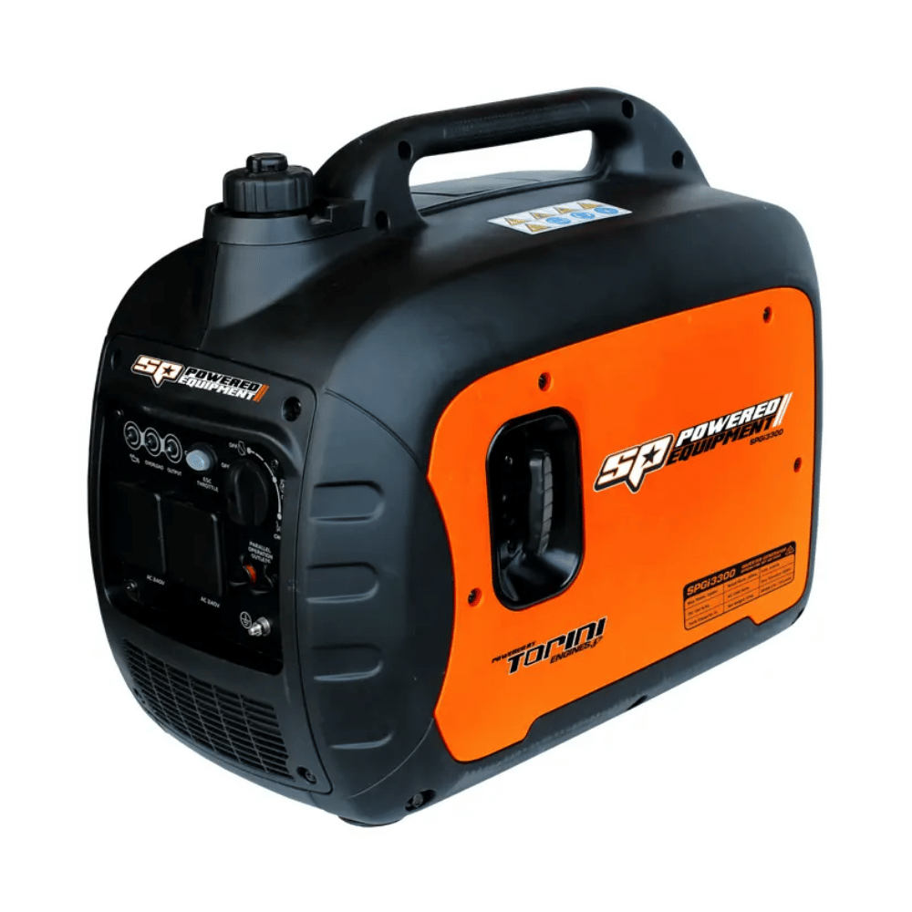 Black and orange 3300w portable generator with 'SP Power' branding on a white background