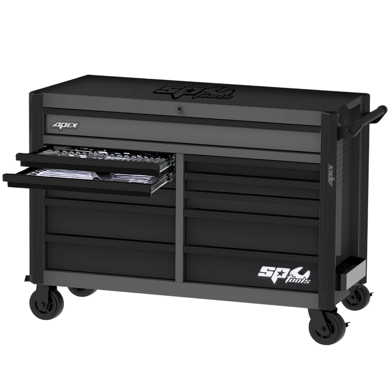 SP Tools SP53110GY 58 inch Apex Series 345 piece roll cab tool kit in grey and black
