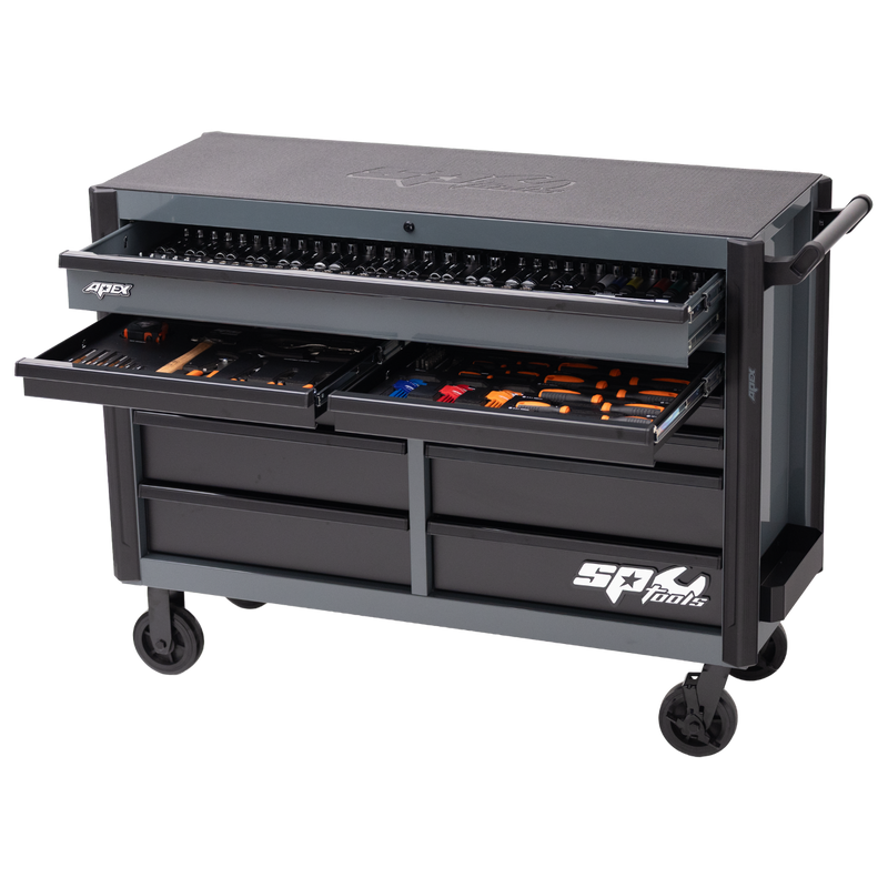 SP Tools SP53115GY 58 inch Apex Series roll cab tool kit in grey and black
