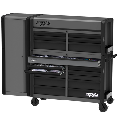 SP Tools SP53202GY 80 inch Apex Series power hutch workstation with side cabinet in grey and black