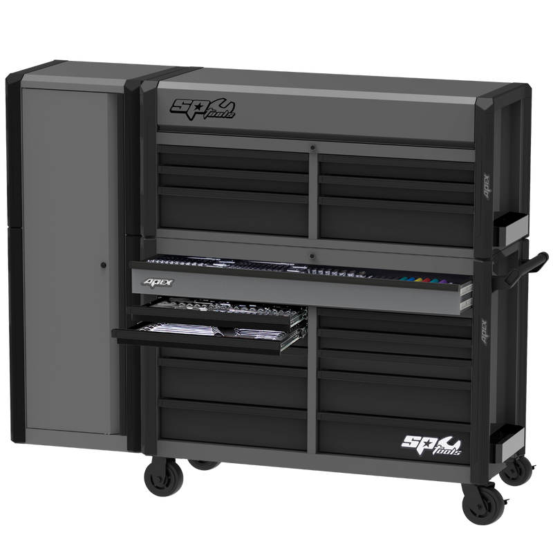 SP Tools SP53202GY 80 inch Apex Series power hutch workstation with side cabinet in grey and black