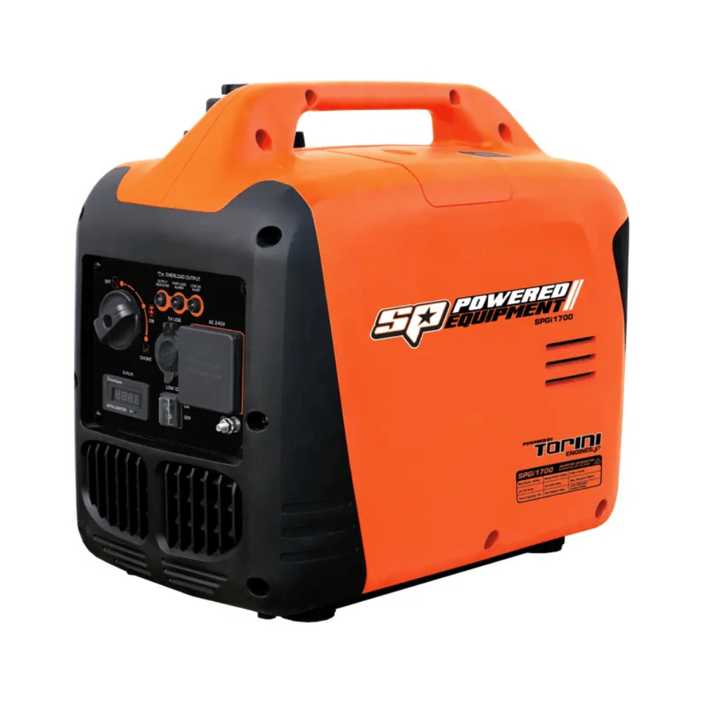 Orange and black 1700w portable inverter generator with 'SP Powered Equipment' branding on a white background