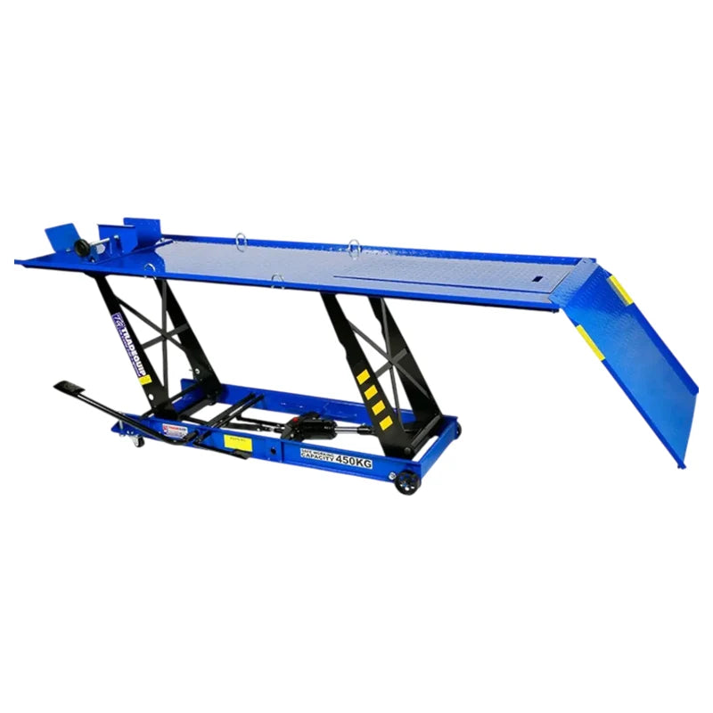 TradeQuip 2101T 450kg motorcycle lift side view with the platform raised