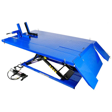 TradeQuip 2103T motorcycle lift shown with the optional 2103T-EXT extension kit fitted