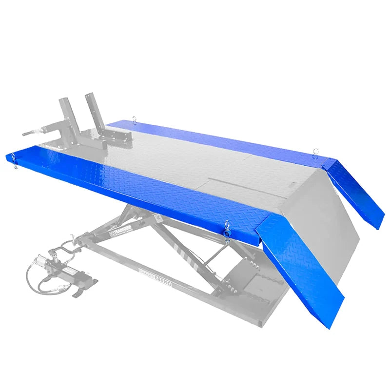 TradeQuip 2103T-EXT extensions fitted to both sides of the 2103T motorcycle lift platform