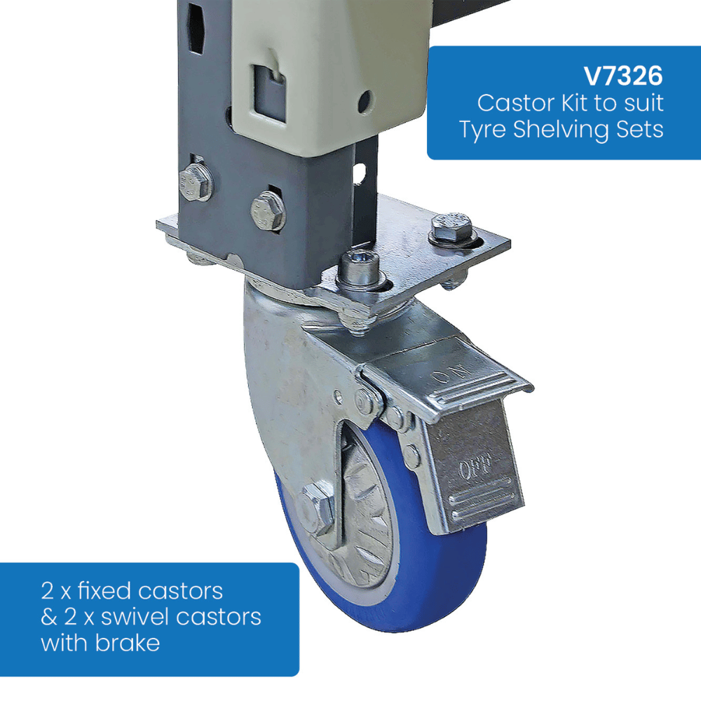 Caster kit with blue wheel and metal frame on a white background