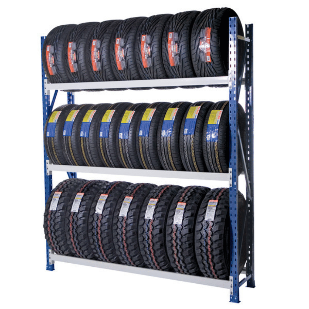 Tire rack with multiple rows of tires on a white background