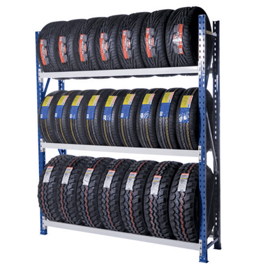 Tire rack with multiple rows of tires on a white background
