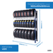 Tire storage rack with dimensions labeled on a white background