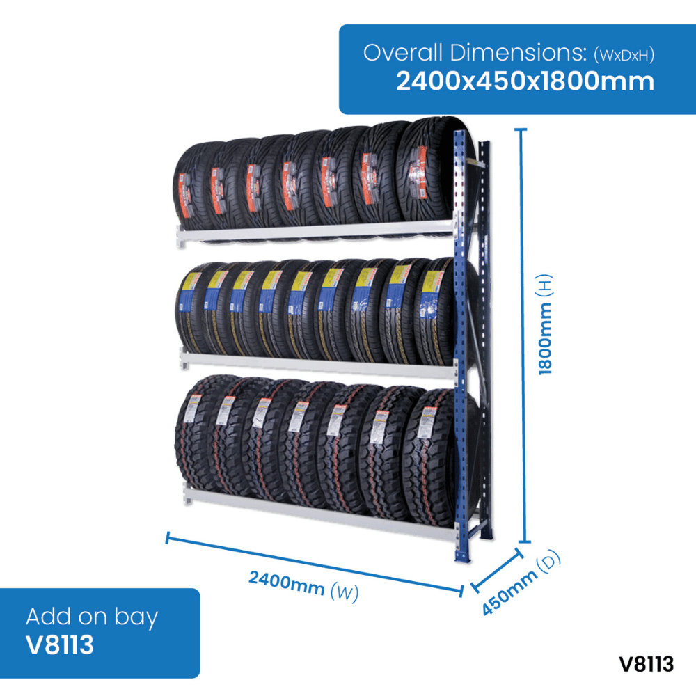 Tire rack with dimensions labeled on a white background