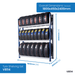 Tyre shelving set with dimensions on a white background