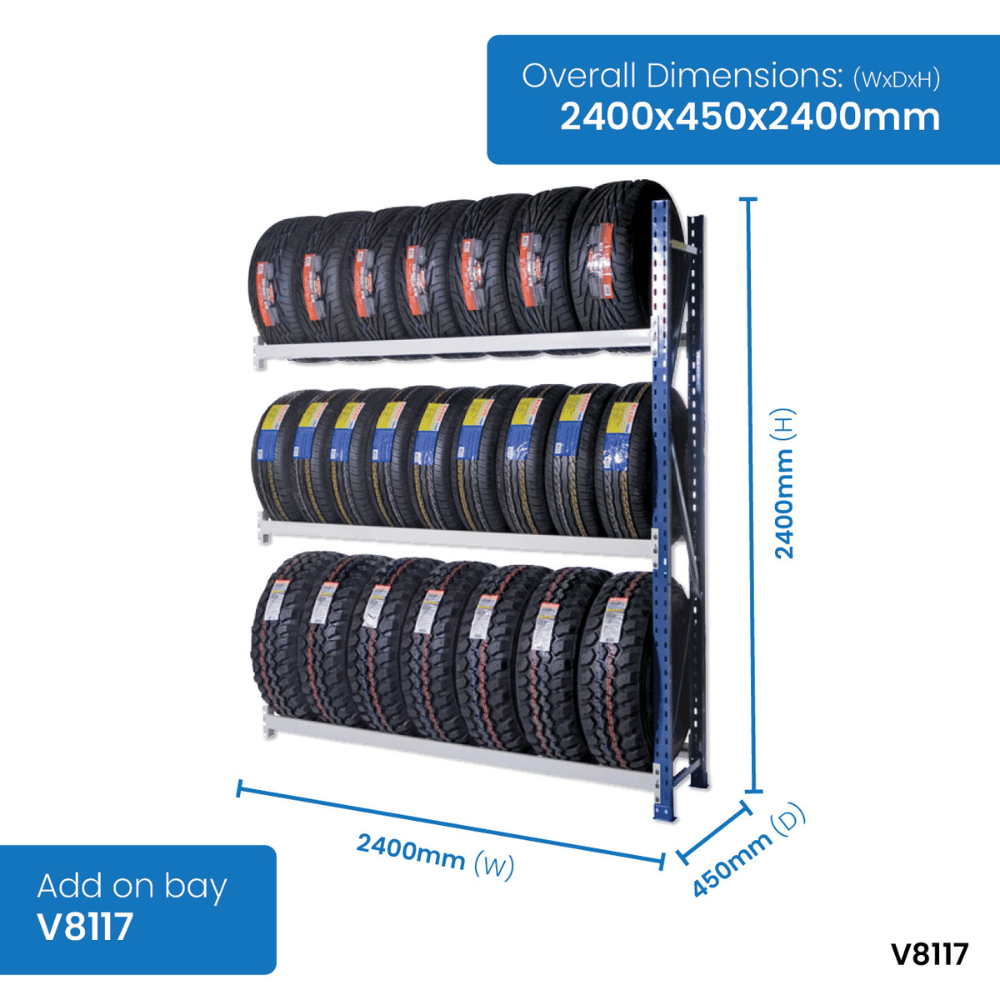 Tire storage rack with dimensions and product code on a white background